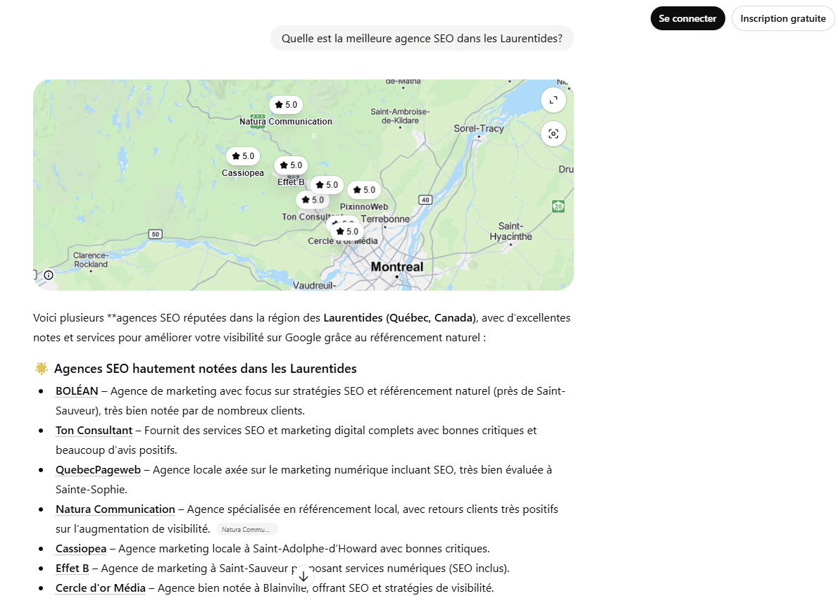 recherche chat gpt montrant les meilleures agences seo des laurentides